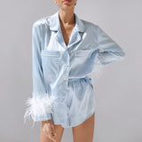 Trendy Women Pajamas Set Autumn Casual Lapel Tops + Feather 2Pcs Pants Suits Sexy Lingerie Nightwear Silk Satin Pyjamas pjs Suit