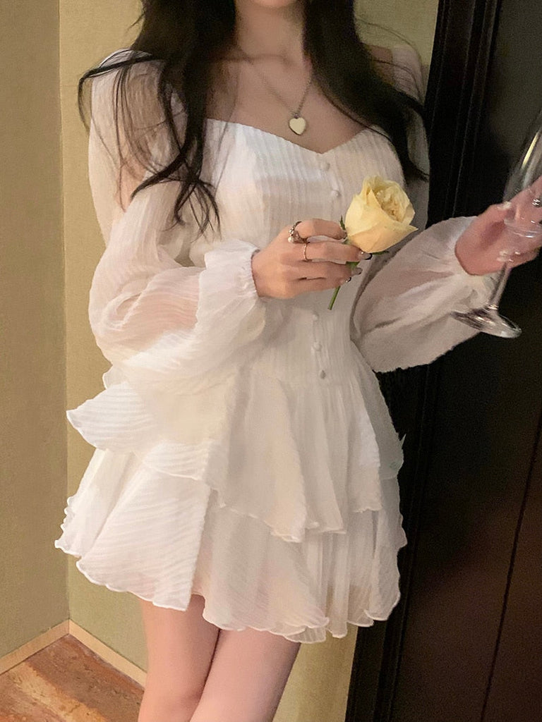 Retro Cupcake Dress Square Neck Puff Sleeve Dress Women Chic Patchwork Spring New High Waist Long Sleeve Short Dress Summer