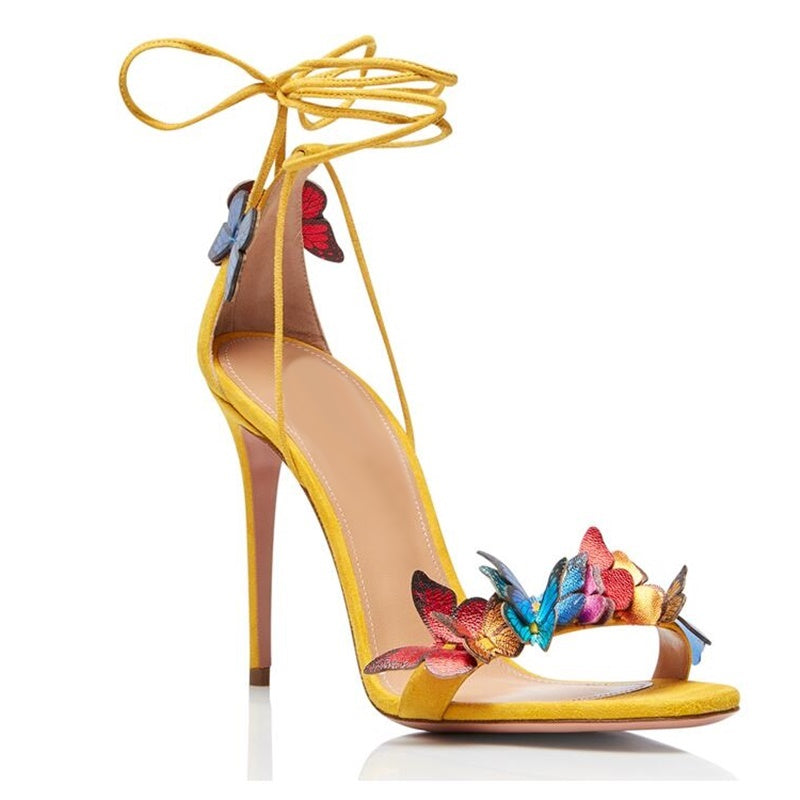woloong Green Yellow Butterfly Sandals Back Lace Up Blue Red Thin High Heel Sandals New Summer Shoes For Women Stilettos Sandals