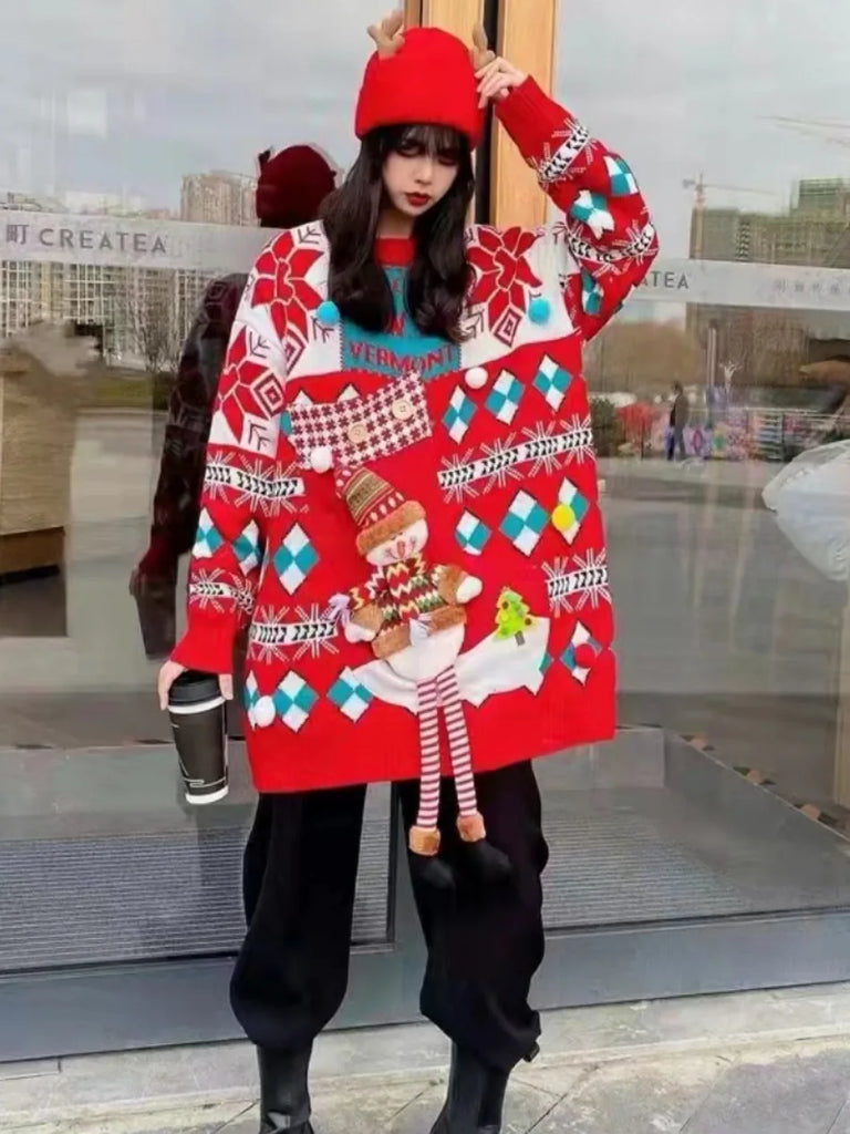 Women's Sweater  Winter New Christmas Long Sleeve O Neck Knitted Sweaters Tpos Korean Fashion Casual Loose Sweater Pullovers New Year