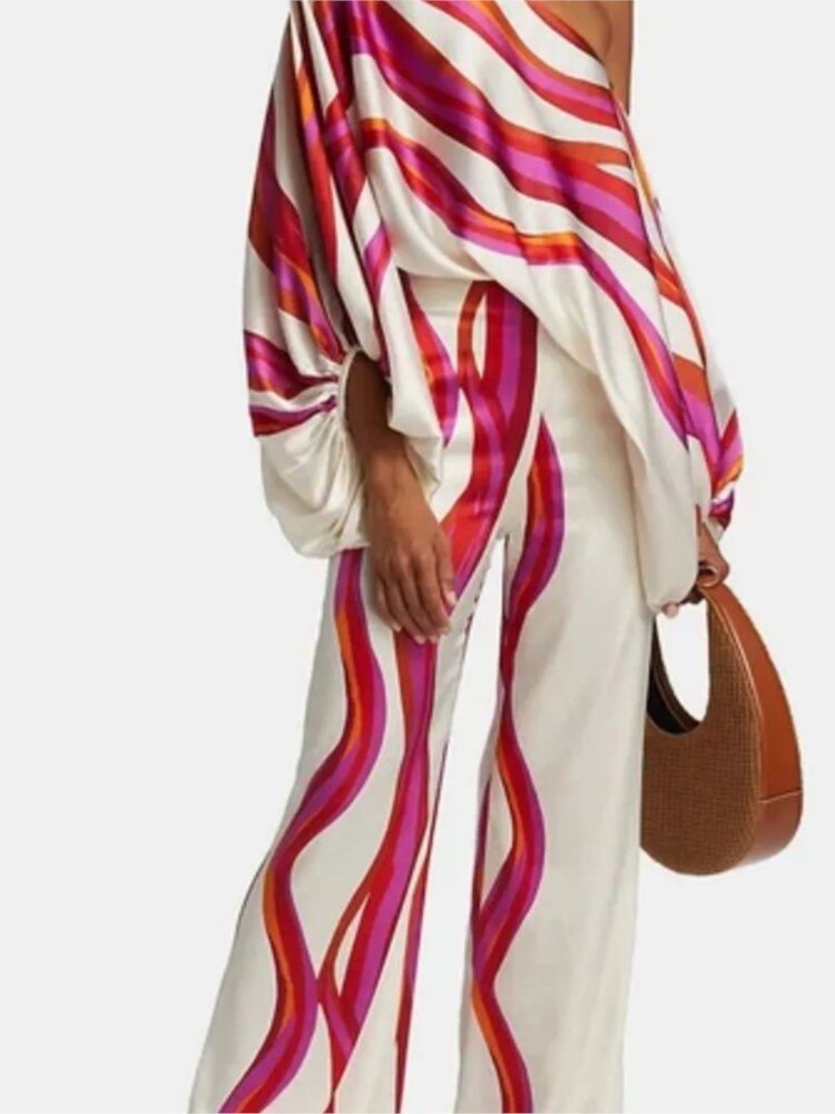 Satin Printing Off Shoulder Commuting Suits Fashion Tops Long Pants 2 Piece Sets  Women Spring Summer Loose Casual Outfits