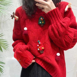Christmas Tree Appliques Loose Pullovers Women O-neck Long Sleeve Knitted Sweaters Female Autumn Winter New Arrival Pull Femme New Year