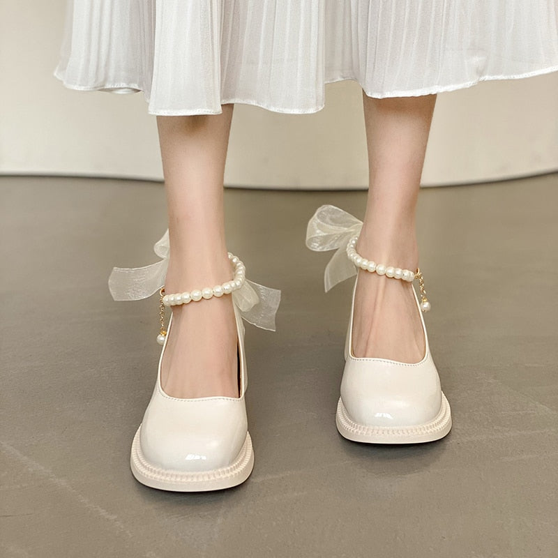 woloong  Women Pumps New Mary Jane Shoes Beaded T-straps Square High Heel Platform Black Beige Retro Lolita Shoes Dress Party Shoes