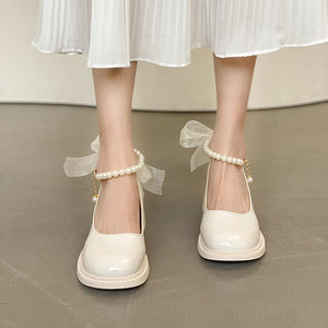 woloong  Women Pumps New Mary Jane Shoes Beaded T-straps Square High Heel Platform Black Beige Retro Lolita Shoes Dress Party Shoes