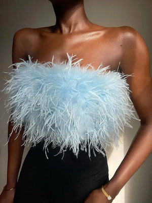 Fur Feather Strapless Tube Tops For Women Party Fashion Bustier Cute Top Y2k Club New Sexy Mini Fluffy Corset Top