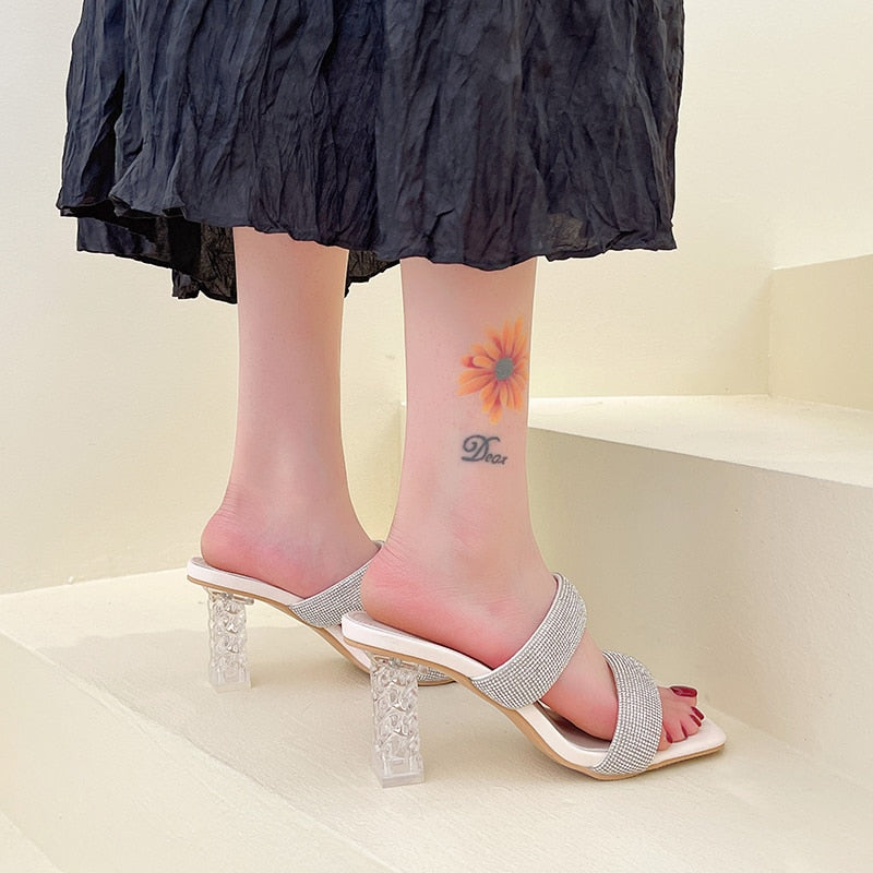 goosudu Transparent Thick Heel Crystal Slippers Women Summer New Korean Open Toe Rhinestone Dress Casual High Heels Women Slippers