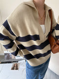 Y2k Autumn Winter Loose Knitted Sweater Jumpers Woman New Vintage Casual Polo Deep V-Neck Striped Pullover Female