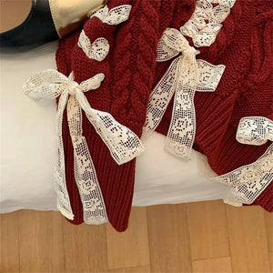 Cute girl red Fried Dough Twists ribbon sweater Autumn/Winter New Christmas Sweet Bow Knit Top Women's Korean Fashion Sweat New Year