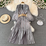 Spring New Women French Loose Midi Dress With Belt Elegant Long Sleeve A-line Lady Clothes  Autumn Female Birthday Party Robe
