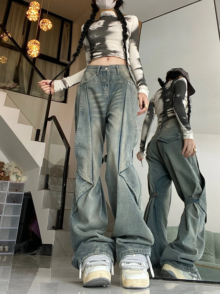 Blue Women Jeans Vintage High Waist Chic American Fashion Y2K Streetwear Wide Leg Jean Female Trouser  NEW Baggy Denim Pants