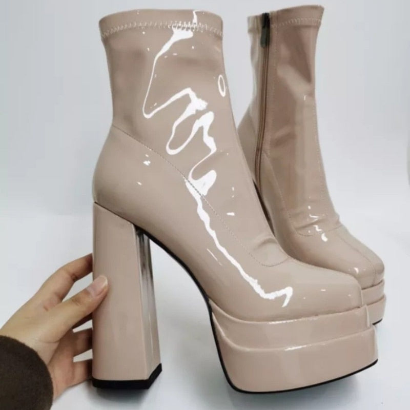 woloong  New Women Platform Boots Chunky Heels Designer Shoes For Women Motorcycle Boots Side Zipper Women's Ankle Botas Femininas