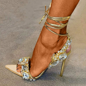 woloong  New Summer Women Sandals Female Pu Pointed Toe Crystal Fashion Pumps Ladies Solid Thin High Ankle Strap Sexy Shoes
