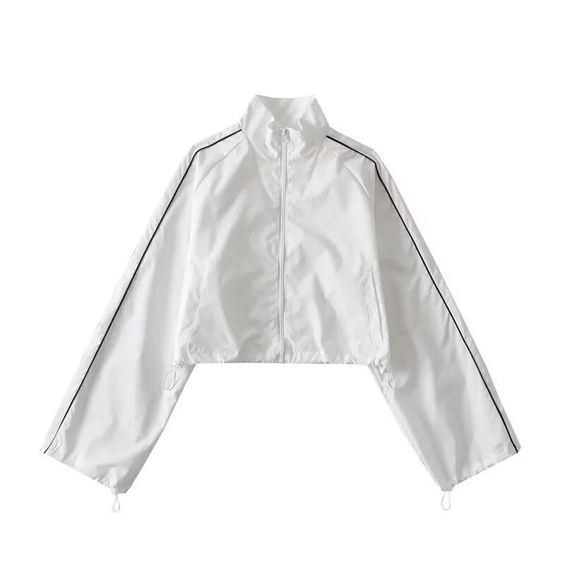 White Black Sports Tracksuits Set Women Windbreak Fast Dry Cropped Zip Up Jackets Coat Top Wide Leg Baggy Pants Trousers