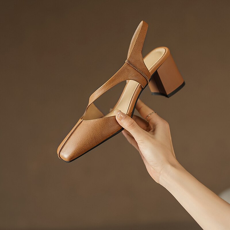 Summer New Simple Ladies Slingbacks Dress Shoes Back Strap Genuine Leather Square Toe Sandals Woman Thick High Heel Sandals