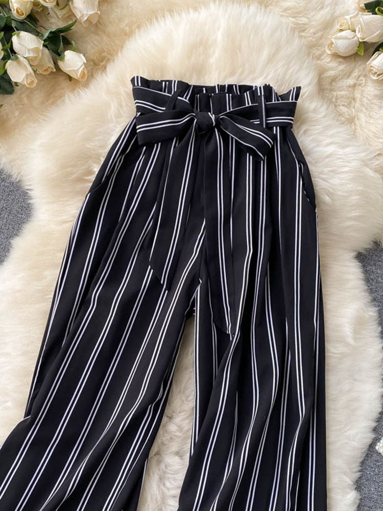 goosudu Summer New Fashion All-match Women's Casual Pants Retro Striped Color Slim Long Slit Wide Leg Pants DK1053