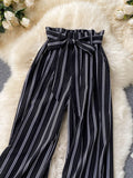 goosudu Summer New Fashion All-match Women's Casual Pants Retro Striped Color Slim Long Slit Wide Leg Pants DK1053