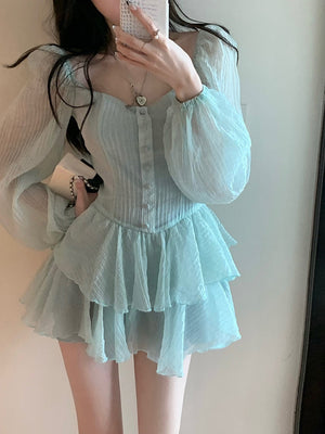 Retro Cupcake Dress Square Neck Puff Sleeve Dress Women Chic Patchwork Spring New High Waist Long Sleeve Short Dress Summer
