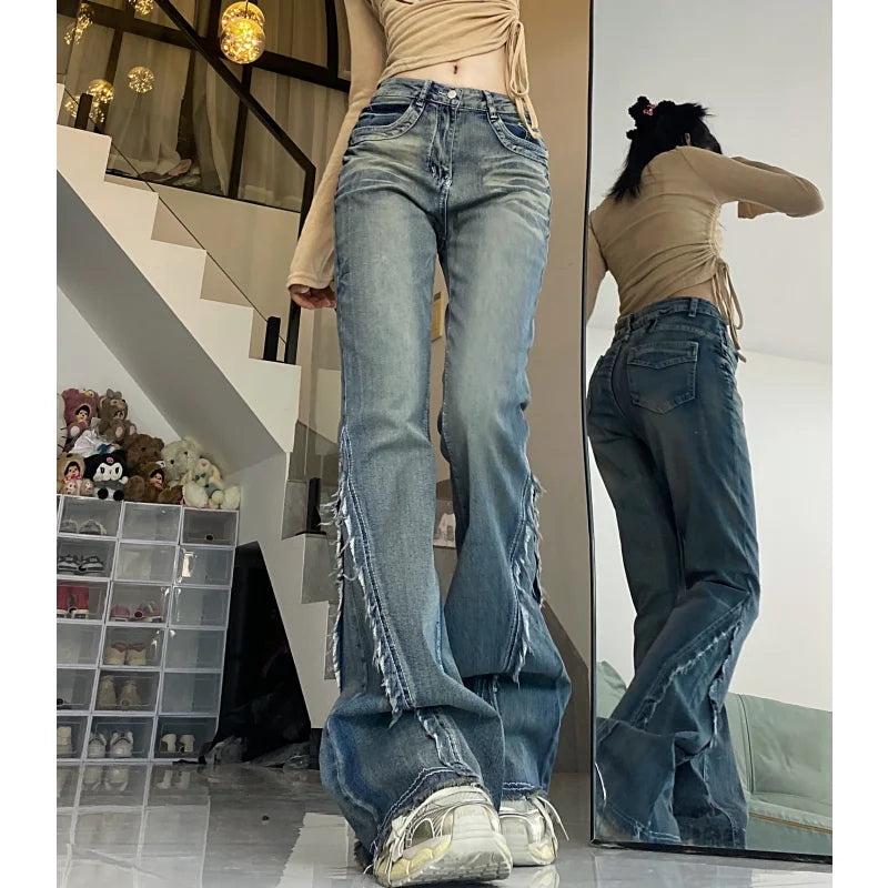 Vintage Blue Women Jeans High Waist Chic American Fashion Y2K Streetwear Wide Leg Jean Female Trouser  NEW Baggy Denim Pants
