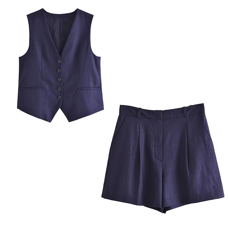 Linen V-neck Vest High Waist Shorts Sets Single Breasted Sleeveless Blazer Shorts 2 Pcs Set Women Fashion Commuter Suits