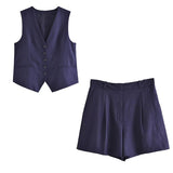 Linen V-neck Vest High Waist Shorts Sets Single Breasted Sleeveless Blazer Shorts 2 Pcs Set Women Fashion Commuter Suits