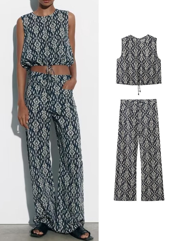 Printed Drawstring Cropped Tops Low Waist Fly Pants Sets Thin Causal Shirts Button Suits Summer Female Sleeveless Outwear