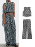 Printed Drawstring Cropped Tops Low Waist Fly Pants Sets Thin Causal Shirts Button Suits Summer Female Sleeveless Outwear