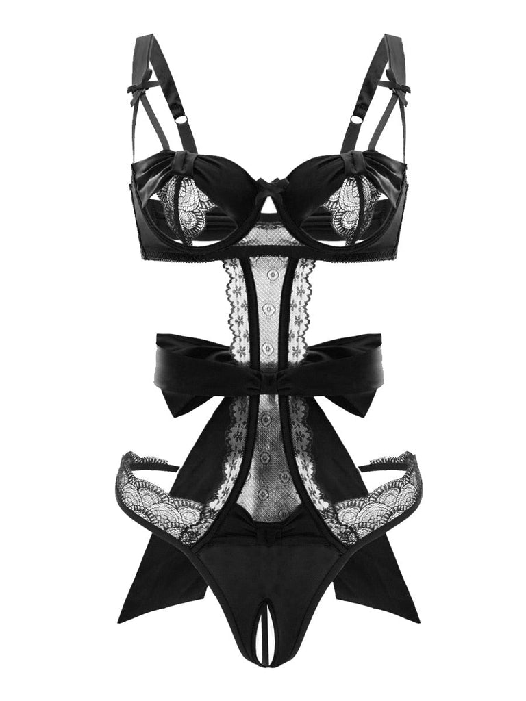 goosudu  Sexy Pajama Lingerie Set Bow Tie Strap Underwire Bodysuit Thong Women One Size Bralette