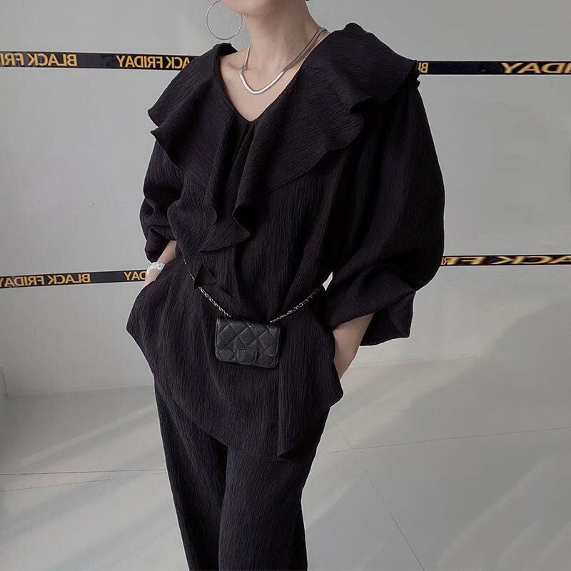 Ruffle Spliced V-neck Shirt + High Waist Wide Leg Pants Set Female  Autumn New Women Solid Loose Two-piece 16T577