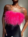 Fur Feather Strapless Tube Tops For Women Party Fashion Bustier Cute Top Y2k Club New Sexy Mini Fluffy Corset Top