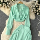 goosudu  Spring Fashion OL Two Pieces Suits Lapel Neck Blouse+Pocket Wide Leg Long Pant Women Streetwear Retro Casual Sets