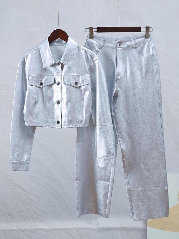 Chic Silvery Women's Pants Set Fashion Lapel Single Breasted Crop Jacket Straight Trousers Suit  Autumn Lady Elegant Outfit