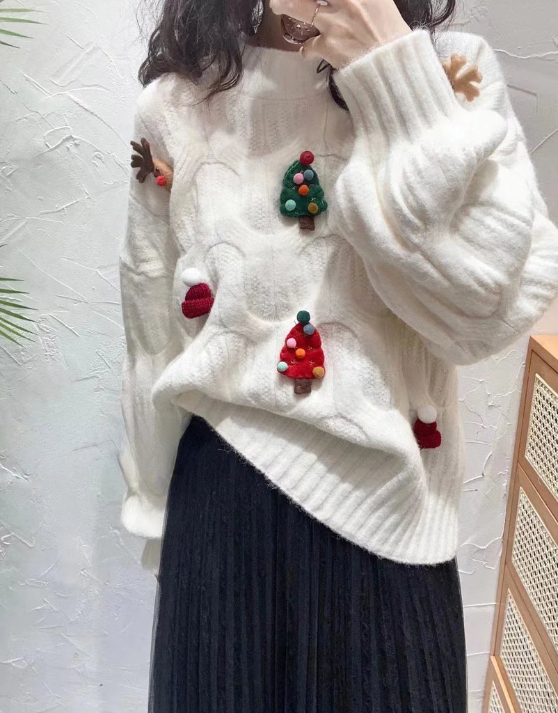 Christmas Tree Appliques Loose Pullovers Women O-neck Long Sleeve Knitted Sweaters Female Autumn Winter New Arrival Pull Femme New Year