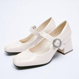woloong High Heels Women's Spring New Round Toe Black Ladies Small Leather Shoes Retro Fashion Thick Heel Shallow Shoes