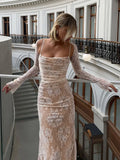 Elegant Women Party Evening Dress Lace Slip Long Sleeve Backless Sexy Maxi Dress For Women  New Slim Long Dress