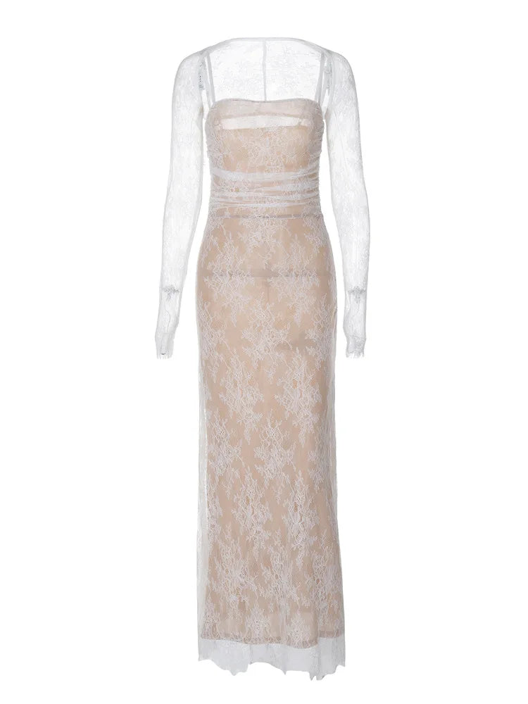 Elegant Women Party Evening Dress Lace Slip Long Sleeve Backless Sexy Maxi Dress For Women  New Slim Long Dress