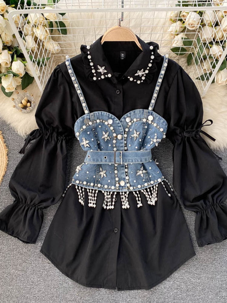 Spring New Blouse Women's Diamond Beaded Puff Sleeve Blusa Top Tassel Pearl Sling Waistcoat Two-piece Stacking Shirt C813