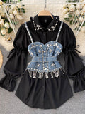 Spring New Blouse Women's Diamond Beaded Puff Sleeve Blusa Top Tassel Pearl Sling Waistcoat Two-piece Stacking Shirt C813
