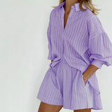 Women's Pajamas Cotton Casual Shorts Sets Striped Jacquard 2 Pieces Cozy Lapel Lantern Sleeve Shirt Summer Outfit Shorts Suits