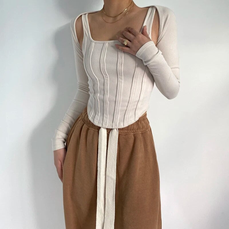 Women Striped Stitching Slim T-shirt Female 2 In 1 Shrug Set Co-ord Crop Shrug And Corset Tank Tops Set Y2k Streetwear New
