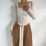 Women Striped Stitching Slim T-shirt Female 2 In 1 Shrug Set Co-ord Crop Shrug And Corset Tank Tops Set Y2k Streetwear New