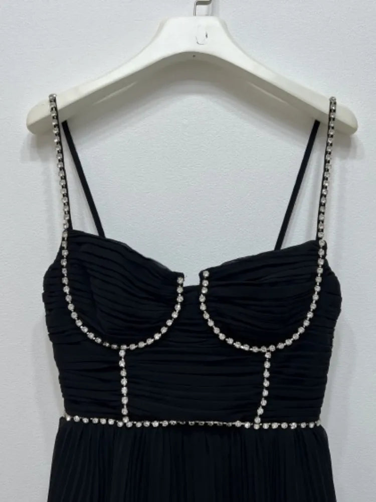 Top Quality Women Dress Early Autumn New  Light Luxury Black Blut Chiffon Pleated Cake Suspender Midi Dress