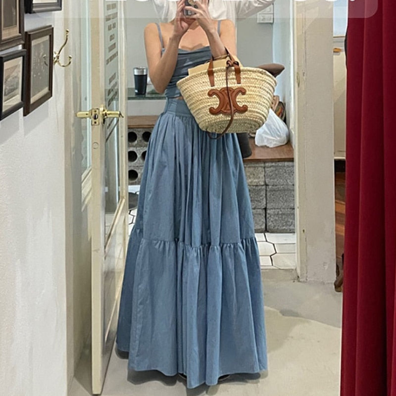 Sexy Two Piece Set Skirt Women French Style V-neck Slim Fit Short Camisole Tank Top High Waist Large Swing Ruched Skirt Suit