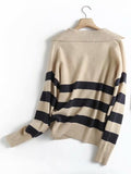 Y2k Autumn Winter Loose Knitted Sweater Jumpers Woman New Vintage Casual Polo Deep V-Neck Striped Pullover Female