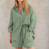 Cotton Pajamas For Women Sets Suit Casual Sleepwear Turn-Down Collar Nine Quarter Sleeve Sleep Tops Shorts Female Homewear