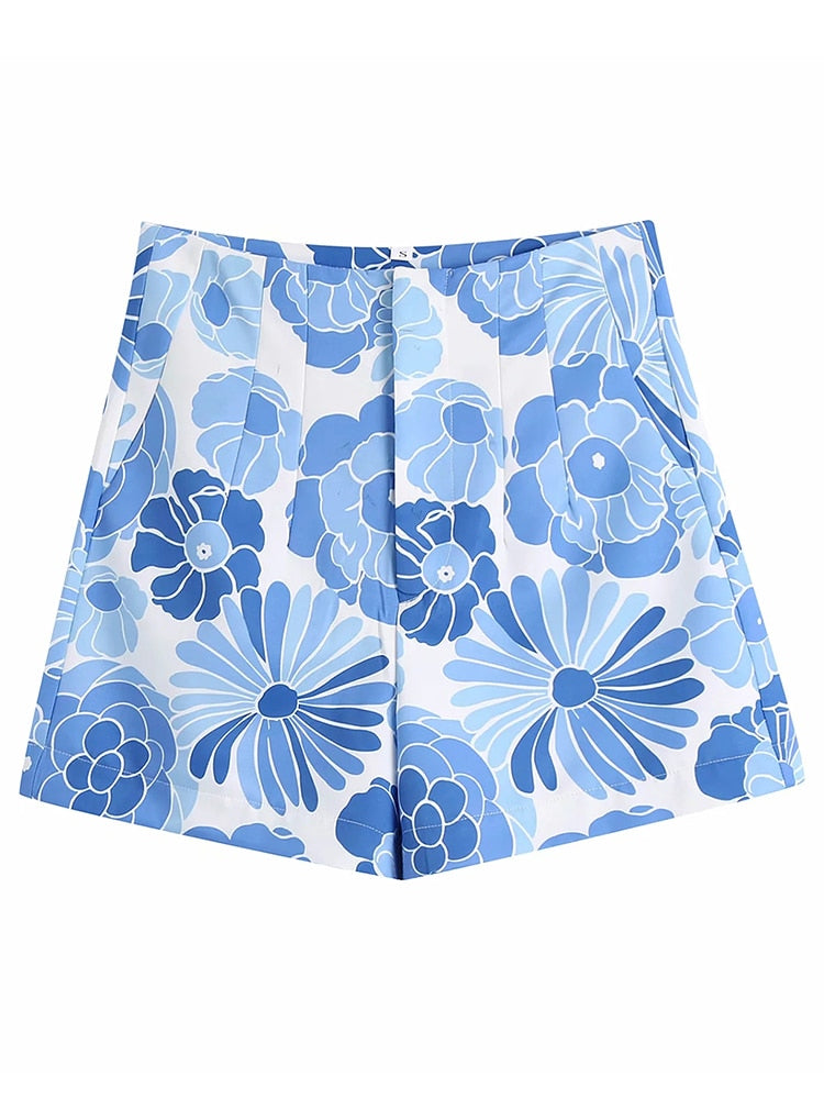 goosudu Flower Print Blue Short Sets Women Matching Set Blue Summer Spring Two Pieces Sets Suits Oversized Top Shorts