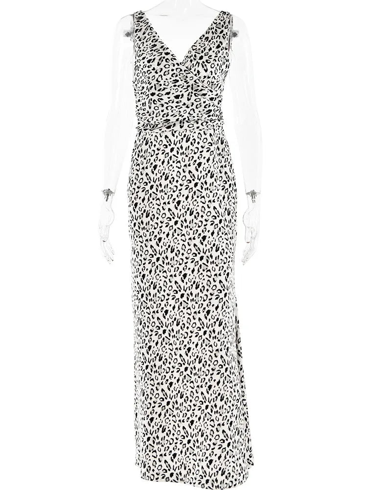 Elegant Deep V Neck Backless Slim Evening Long Dress Women Sexy Leopard Print Slip Maxi Dress Party Clubwear new