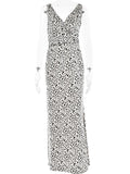 Elegant Deep V Neck Backless Slim Evening Long Dress Women Sexy Leopard Print Slip Maxi Dress Party Clubwear new
