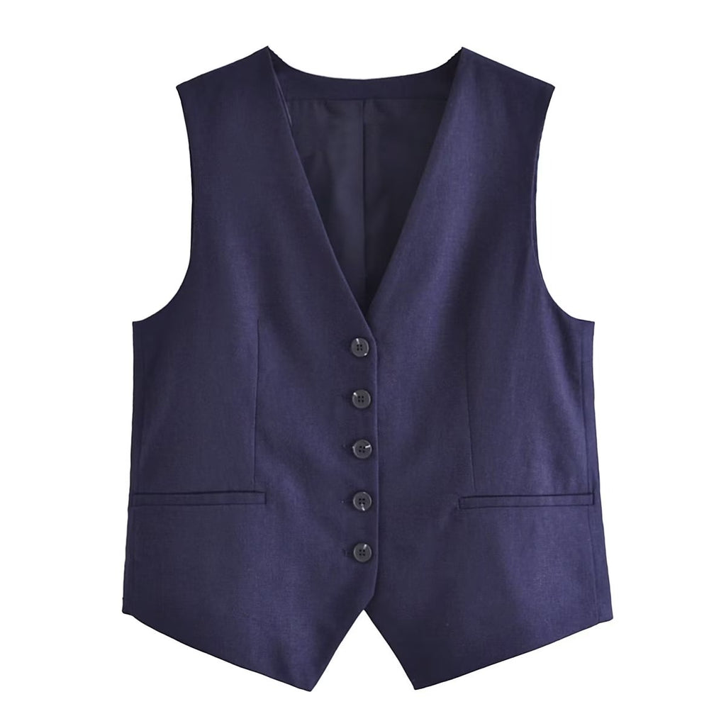 Linen V-neck Vest High Waist Shorts Sets Single Breasted Sleeveless Blazer Shorts 2 Pcs Set Women Fashion Commuter Suits