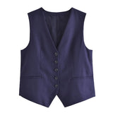 Linen V-neck Vest High Waist Shorts Sets Single Breasted Sleeveless Blazer Shorts 2 Pcs Set Women Fashion Commuter Suits