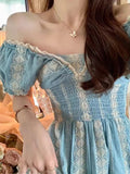 goosudu  New Fashion Vintage Embroidered Summer Dress Women's Sexy V-Neck Puff Short Sleeved Slim Mid Length Dresses Vestidos